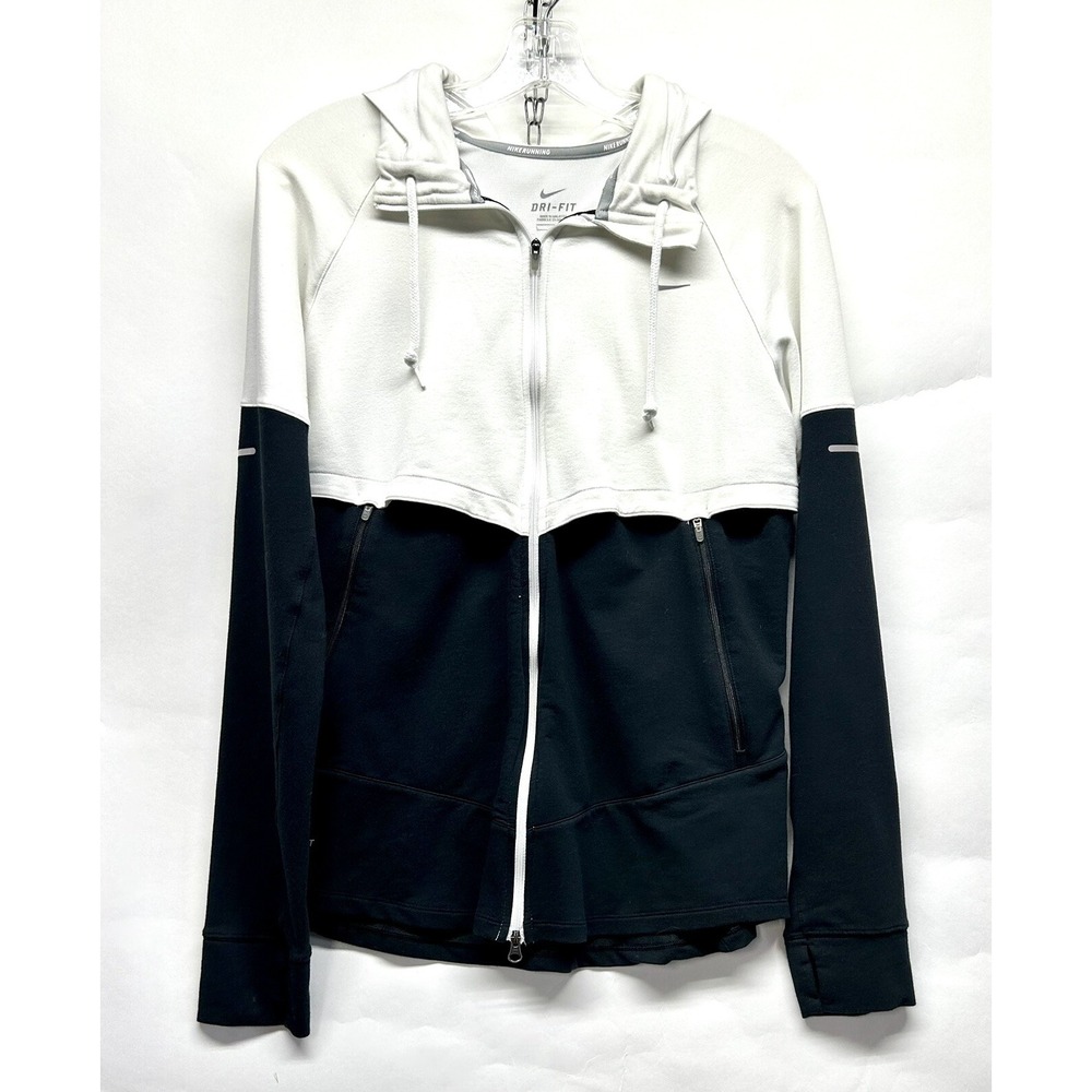 Nike Dri-Fit Womens Large White/Black Hooded Full Zip Athletic Jacket (G4)